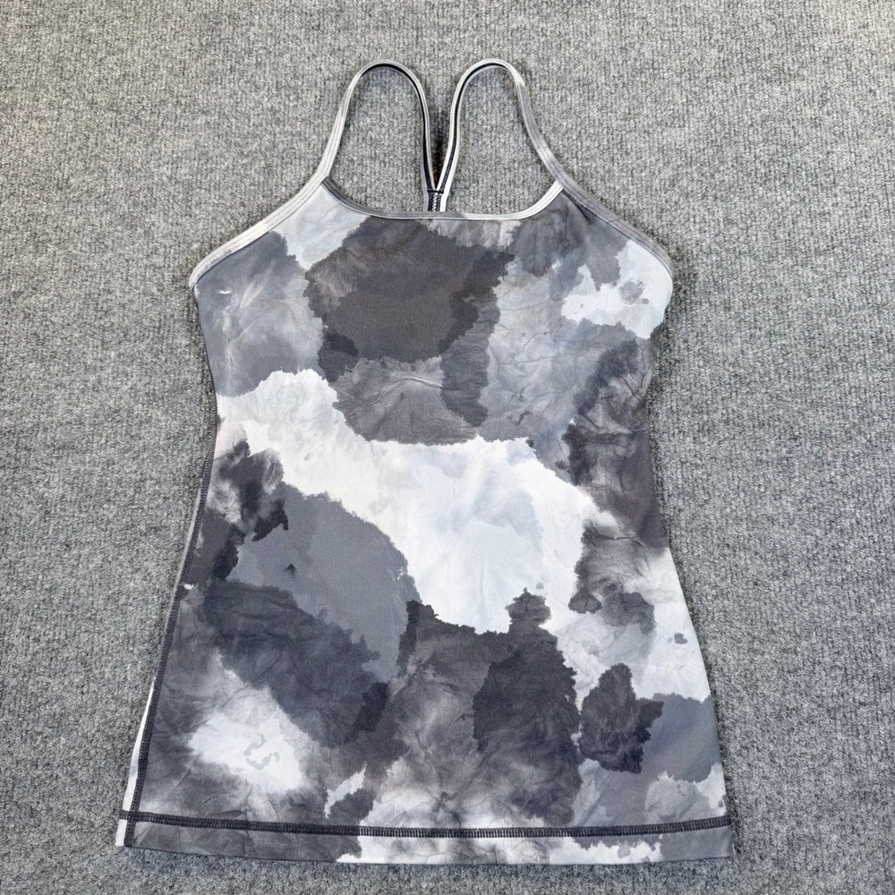 Lululemon Power Y Tank Top Grey White Tie Dye Built In Bra Racerback 4 #2826